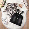2pcs Baby Girl 100% Cotton Denim Overall Dress and Leopard Print Ruffle Long-sleeve Romper Set Black image 1