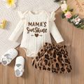2pcs Baby Girl Letter Embroidered Ruffle Long-sleeve Textured Romper and Leopard Fuzzy Skirt Set Beige image 1