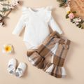 2pcs Baby Girl 95% Cotton Ribbed Ruffle Trim Long-sleeve Romper and Plaid Flared Pants Set Brown image 1