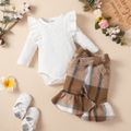 2pcs Baby Girl 95% Cotton Ribbed Ruffle Trim Long-sleeve Romper and Plaid Flared Pants Set Brown image 3