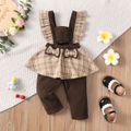 Baby Girl Bow Front Plaid Ruffle Trim Spliced Corduroy Overalls Brown image 1