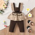 Baby Girl Bow Front Plaid Ruffle Trim Spliced Corduroy Overalls Brown image 3