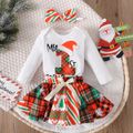 Christmas 3pcs Baby Girl 95% Cotton Long-sleeve Letter Graphic Romper and Allover Print Plaid Skirt with Headband Set Colorful image 1