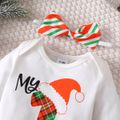 Christmas 3pcs Baby Girl 95% Cotton Long-sleeve Letter Graphic Romper and Allover Print Plaid Skirt with Headband Set Colorful image 4