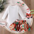 Christmas 3pcs Baby Girl 95% Cotton Long-sleeve Letter Graphic Romper and Allover Print Plaid Skirt with Headband Set Colorful image 3