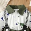 2pcs Baby Boy Allover Dinosaur Print Contrast Collar Long-sleeve Top and Suspender Pants Set Green image 4