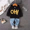 2pcs Baby Boy/Girl Letter Embroidered Long-sleeve Hoodie and Jeans Set Black image 1