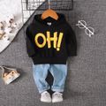 2pcs Baby Boy/Girl Letter Embroidered Long-sleeve Hoodie and Jeans Set Black image 2