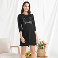 Maternity Cat Print Round Neck Long-sleeve Dress Black