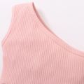 Ribbed 2pcs Solid Bowknot Decor One Shoulder Baby Set Pink