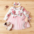 2pcs Floral Print Bowknot Decor Long-sleeve Pink Baby Set Pink image 5
