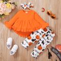 Baby 3pcs Halloween Orange Long-sleeve Top and Pumpkin Print Trouser Set Orange image 2