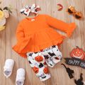 Baby 3pcs Halloween Orange Long-sleeve Top and Pumpkin Print Trouser Set Orange image 1