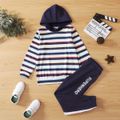 2-piece Kid Boy Striped Hoodie and Letter Print Pants Casual Set Dark Blue
