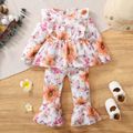 2-piece Toddler Girl Floral Print Ruffled Long-sleeve Top and Flared Pants Set Orange