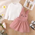 2-piece Toddler Girl Waffle White Top and Cat Embroidered Pink Overall Dress Set Pink image 4
