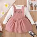 2-piece Toddler Girl Waffle White Top and Cat Embroidered Pink Overall Dress Set Pink image 1
