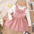 2-piece Toddler Girl Waffle White Top and Cat Embroidered Pink Overall Dress Set Pink image 2