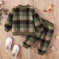 2-piece Baby Boy Plaid Fuzzy Flocked Sweatshirt and Pants Set Army green