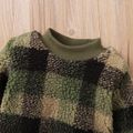 2-piece Toddler Boy Plaid Fuzzy Pullover Sweatshirt and Pants Set Army green image 2