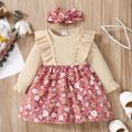 2pcs Baby Ribbed Ruffle Long-sleeve Splicing Floral Print Corduroy Dress Set Color block