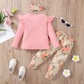 2-piece Toddler Girl Letter Embroidered Ruffled Pink Long-sleeve Top and Floral Print Belted Pants Set Pink