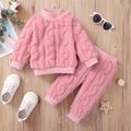 2pcs Baby Girl Solid Fuzzy Fleece Long-sleeve Pullover and Trousers Set Pink