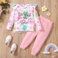 2-piece Toddler Girl Ruffled Letter Butterfly Print Long-sleeve Tee and Elasticized Pink Pants Set Pink image 1