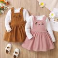 2-piece Toddler Girl Waffle White Top and Cat Embroidered Pink Overall Dress Set Pink
