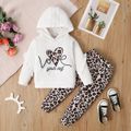 2-piece Toddler Girl Letter Heart Print Ruffled Ribbed Hoodie Sweatshirt and Leopard Print Pants Set White