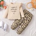 2-piece Toddler Girl Ruffled Letter Embroidered Long-sleeve Ribbed Top and Leopard Print Bowknot Design Paperbag Pants Set Beige