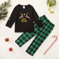 Christmas Reindeer and Letter Print Family Matching Long-sleeve Green Plaid Pajamas Sets (Flame Resistant) Green