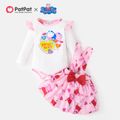 Peppa Pig 2pcs Baby Girl Heart Print Long-sleeve Romper and Layered Suspender Skirt Set PinkyWhite image 1