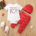 3pcs Baby Boy 95% Cotton Short-sleeve Love Heart & Letter Print Romper and Pants with Hat Set Red/White image 1