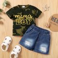 2pcs Baby Boy Letter Print Camo Short-sleeve T-shirt and Ripped Denim Shorts Set Color block