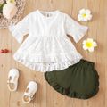 2-piece Toddler Girl Hollow out Ruffled High Low Short-sleeve White Top and Paperbag Shorts Set White