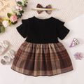 2pcs Baby Girl 95% Cotton Ribbed Ruffle Short-sleeve Splicing Plaid Button Up Dress with Headband Set Black