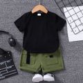 2pcs Toddler Boy Casual Black Tee and Belted Pocket Design Cargo Shorts Set Black