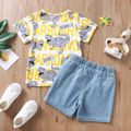 2pcs Toddler Boy Casual Patchwork Ripped Denim Shorts and Letter Dinosaur Print Tee Set Color block