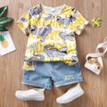 2pcs Toddler Boy Casual Patchwork Ripped Denim Shorts and Letter Dinosaur Print Tee Set Color block image 1