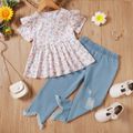 2pcs Toddler Girl Ruffled Floral Print Short-sleeve Tee abd Irregular Cuff Cotton Ripped Denim Jeans Set Multi-color