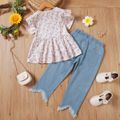 2pcs Toddler Girl Ruffled Floral Print Short-sleeve Tee abd Irregular Cuff Cotton Ripped Denim Jeans Set Multi-color