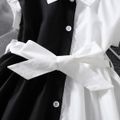 فتاة صغيرة ياقة طية صدر السترة تصميم زر غير النظامية تنحنح أبيض وأسود لصق فستان قصير الأكمام أسود / أبيض image 3