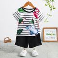 2pcs Toddler Boy Playful Animal Print Stripe Tee and Pocket Design Shorts Set BlackandWhite image 1