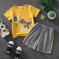 2pcs Toddler Boy Casual Letter Dinosaur Print Tee and Striped Shorts Set Yellow