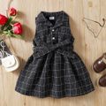 Toddler Girl Lapel Collar Button Design Black Plaid Sleeveless Belted Dress Black