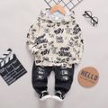 2pcs Toddler Boy Trendy Ripped Denim Jeans And Letter Print Hoodie Sweatshirt Set Beige image 1