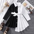 Toddler Girl Lapel Collar Colorblock Splice Irregular Hem Long-sleeve Shirt Dress Black/White