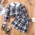 2pcs Toddler Girl Plaid  Doll Collar Button Design Long-sleeve Blouse and Belted Shorts Set Black/White image 1