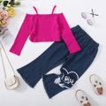 2pcs Toddler Girl Off Shoulder Long-sleeve Cami Tee and Flared Denim Jeans Set Hot Pink image 2